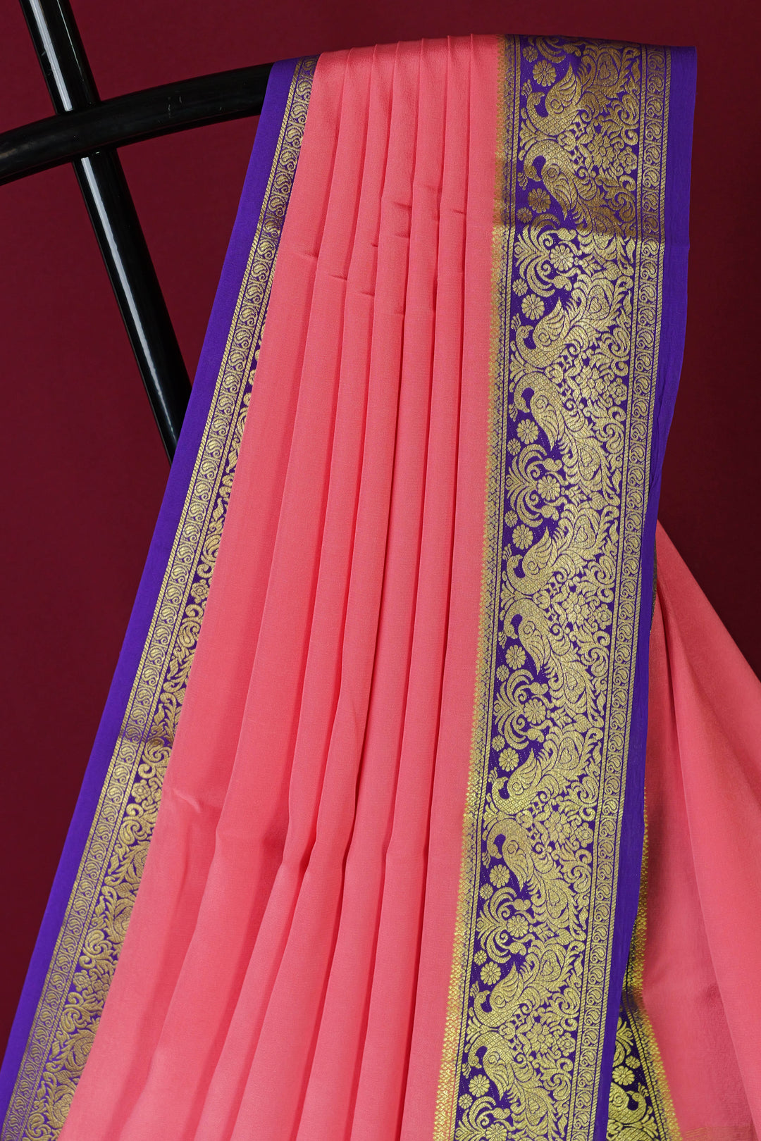 PURE MYSORE SILK SAREE IN BABY PINK & PURPLE WITH GOLD LACE ZARI & PURPLE BLOUSE