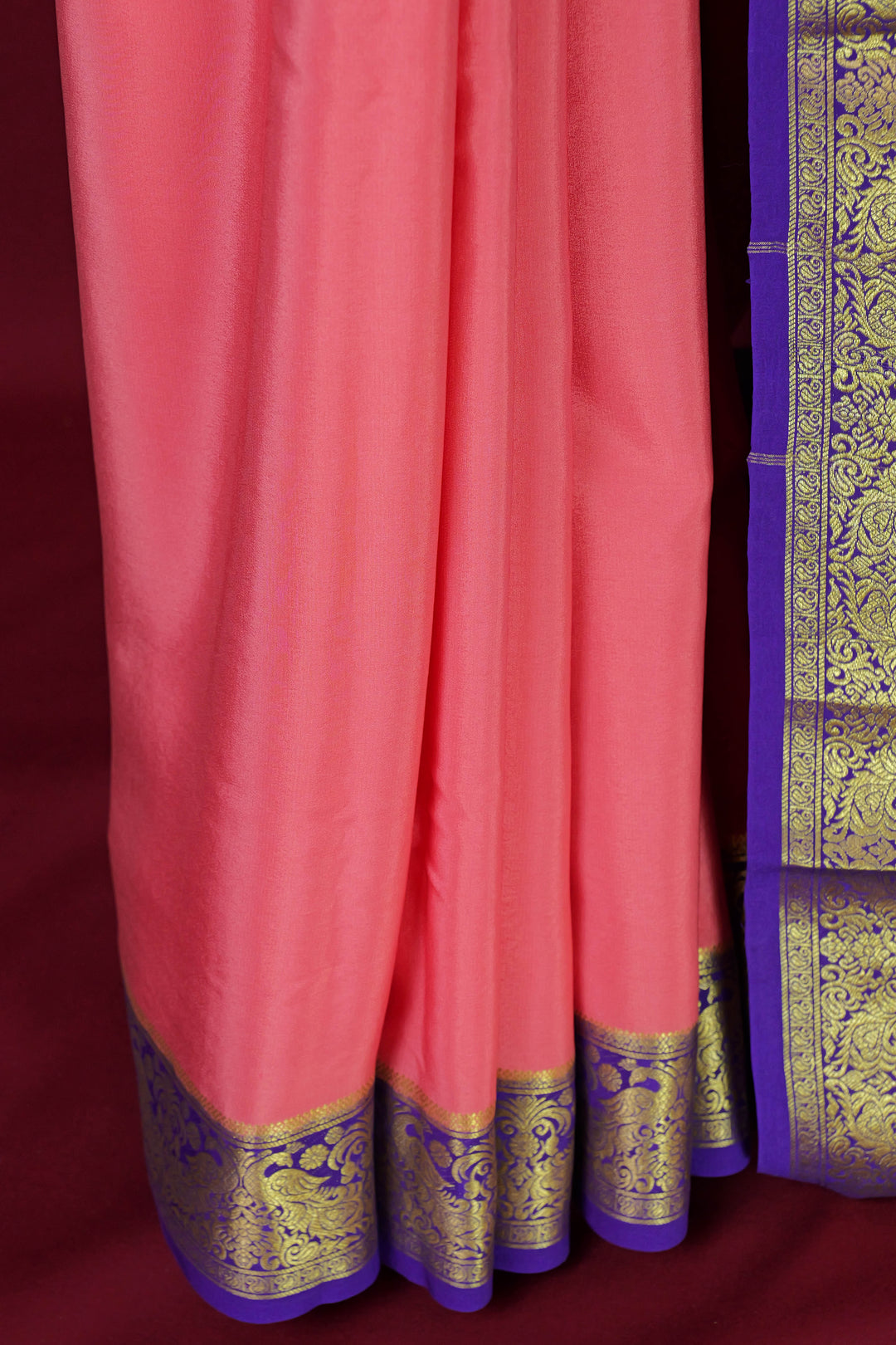 PURE MYSORE SILK SAREE IN BABY PINK & PURPLE WITH GOLD LACE ZARI & PURPLE BLOUSE