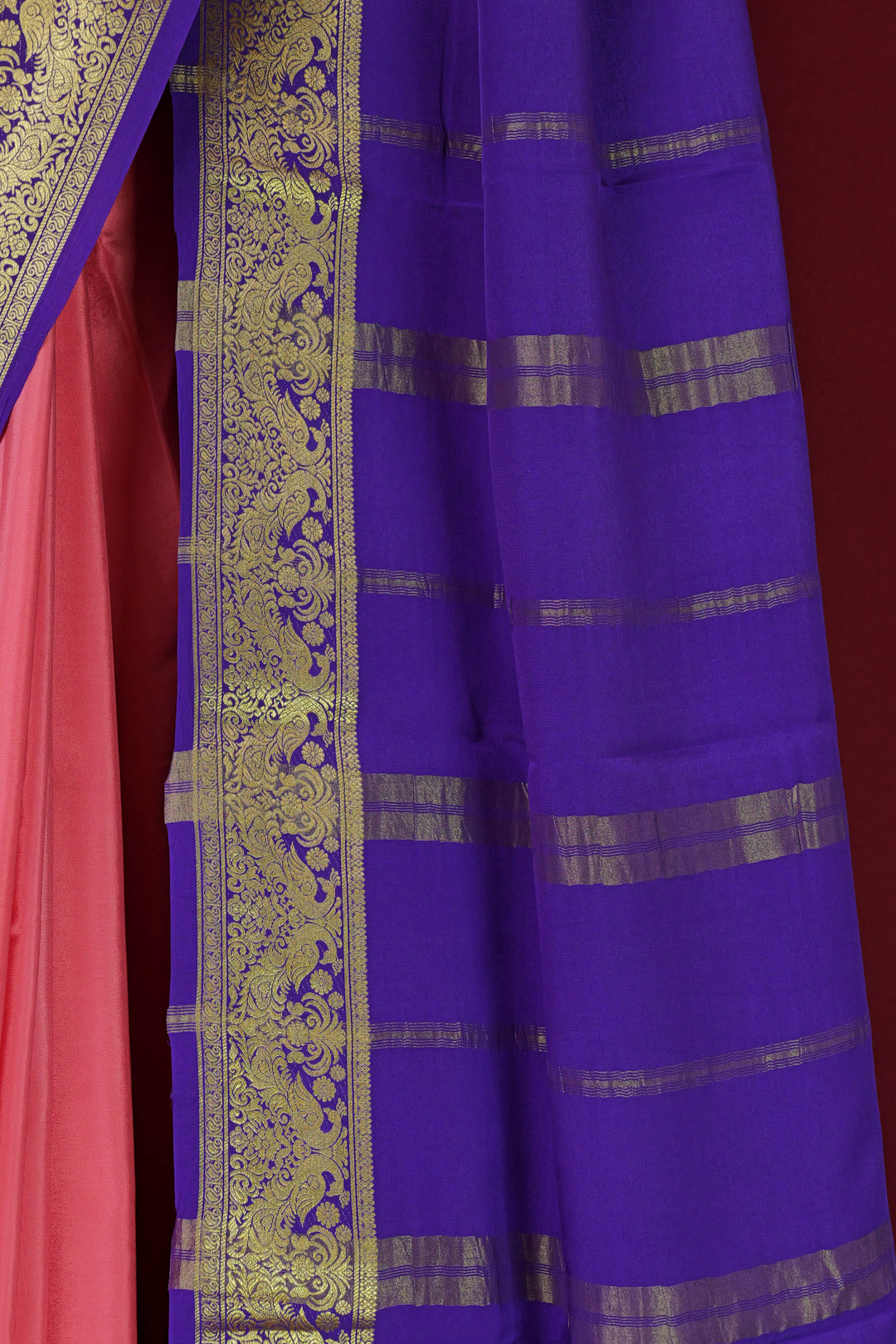 PURE MYSORE SILK SAREE IN BABY PINK & PURPLE WITH GOLD LACE ZARI & PURPLE BLOUSE