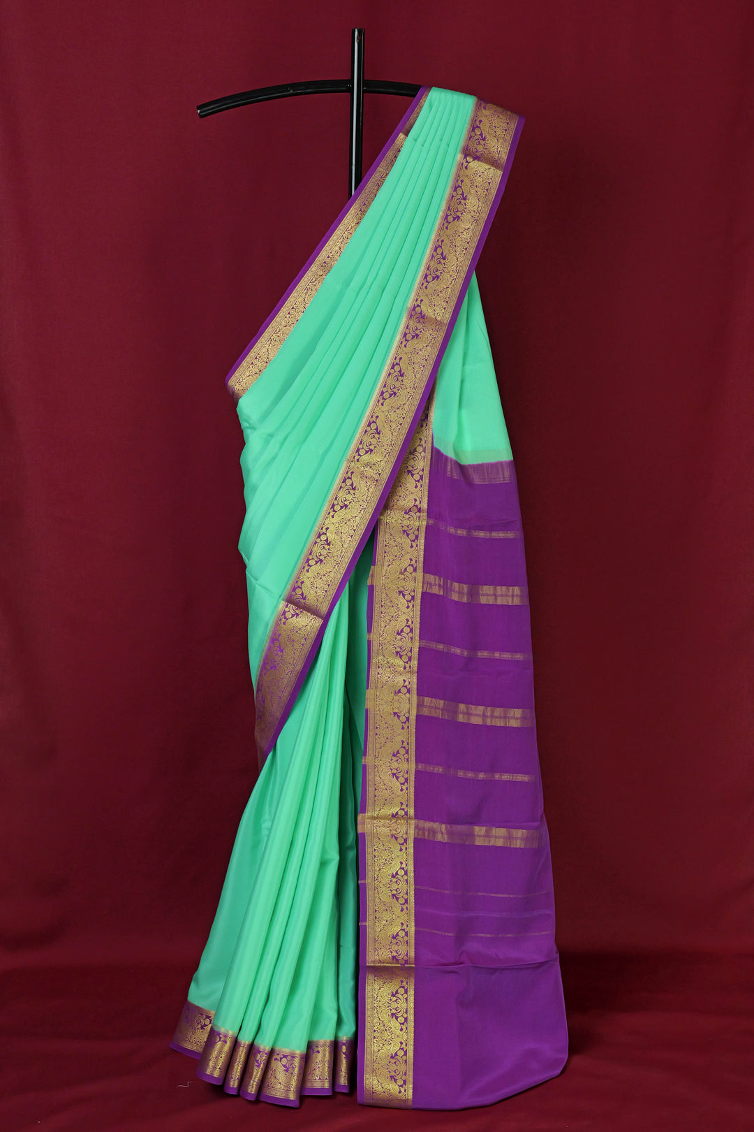 PURE MYSORE SILK SAREE IN AQUA BLUE & PURPLE WITH GOLD LACE ZARI & PURPLE BLOUSE