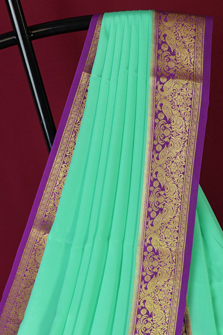 PURE MYSORE SILK SAREE IN AQUA BLUE & PURPLE WITH GOLD LACE ZARI & PURPLE BLOUSE