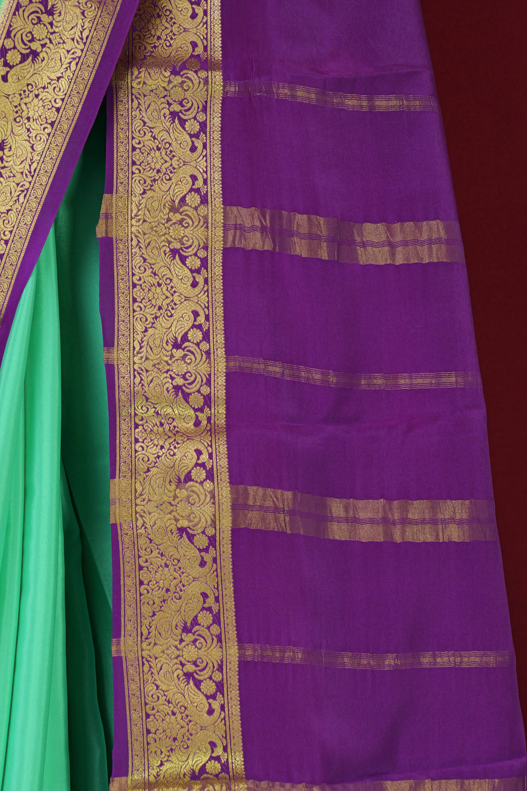 PURE MYSORE SILK SAREE IN AQUA BLUE & PURPLE WITH GOLD LACE ZARI & PURPLE BLOUSE