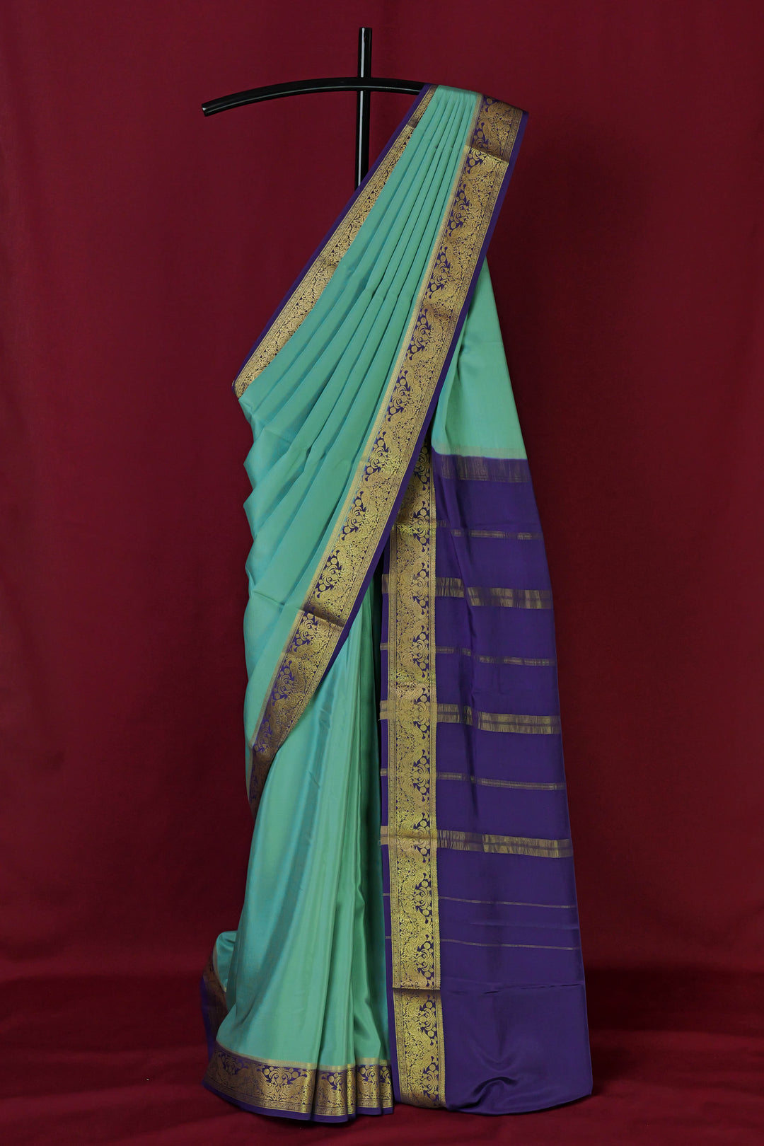 PURE MYSORE SILK SAREE IN TEAL BLUE & NAVY BLUE WITH GOLD LACE ZARI & BLUE BLOUSE