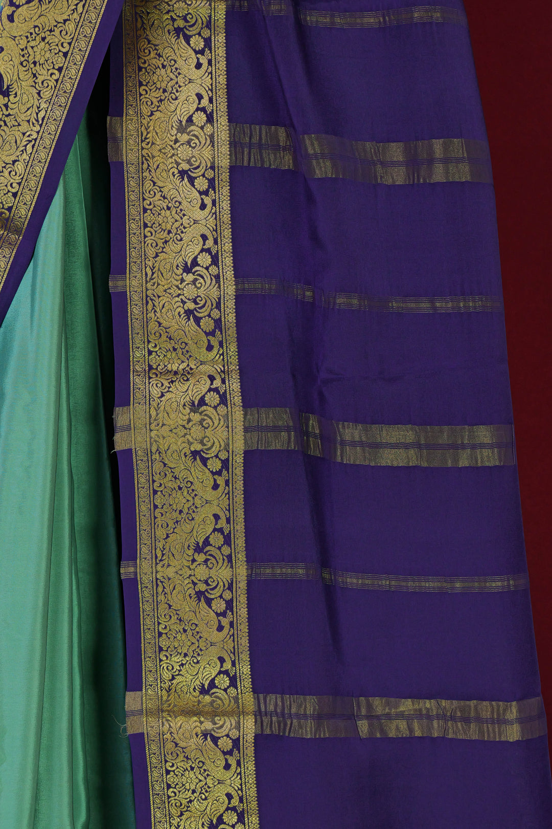 PURE MYSORE SILK SAREE IN TEAL BLUE & NAVY BLUE WITH GOLD LACE ZARI & BLUE BLOUSE