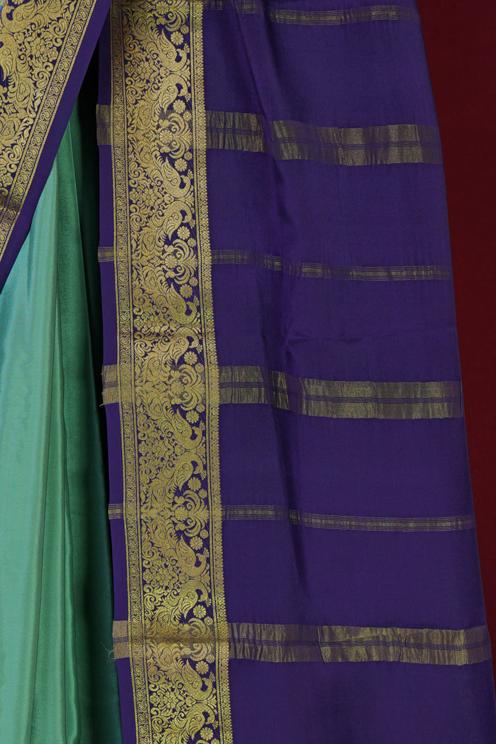 PURE MYSORE SILK SAREE IN TEAL BLUE & NAVY BLUE WITH GOLD LACE ZARI & BLUE BLOUSE