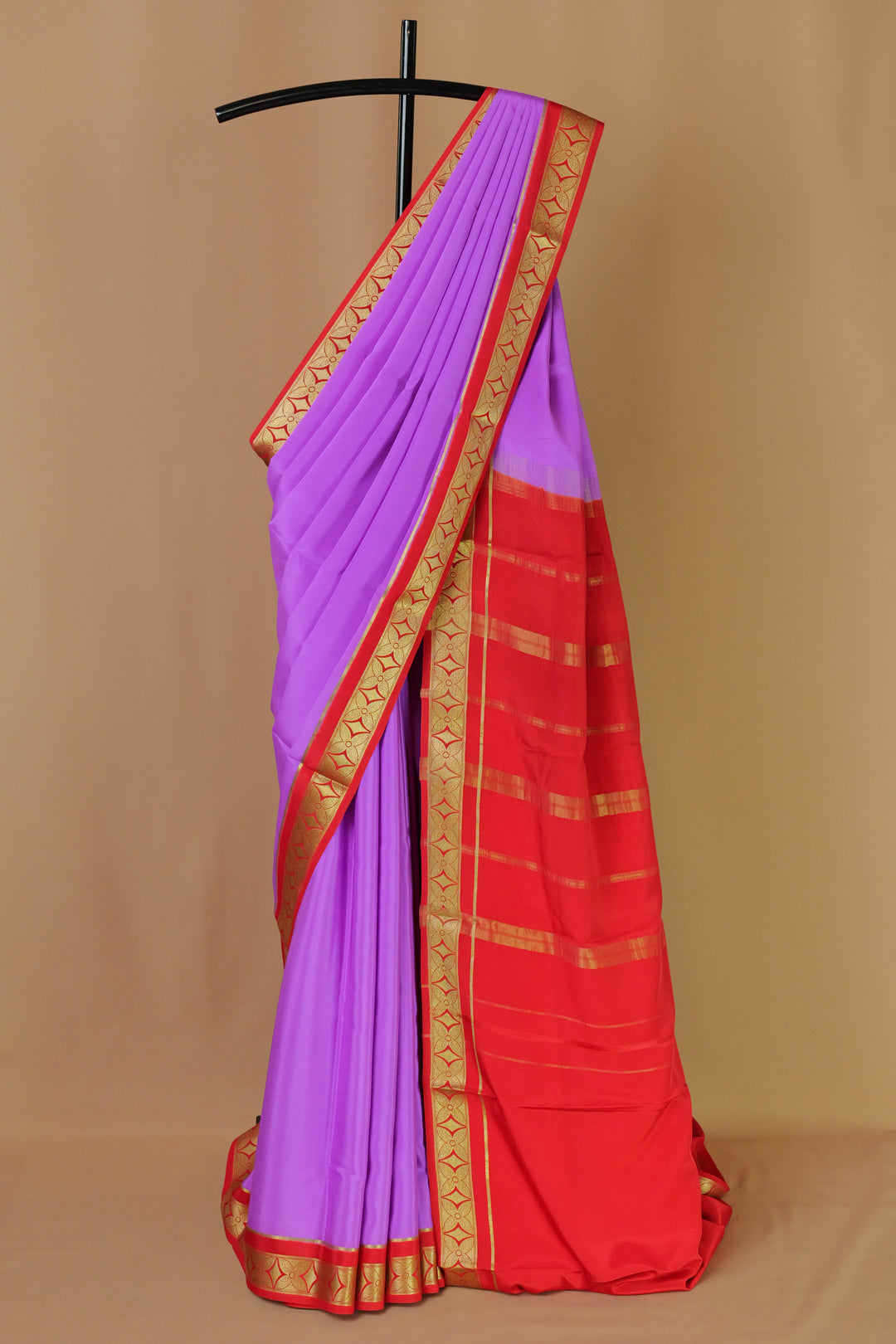 PURE MYSORE SILK SAREE IN LAVENDER & RED COLOR WITH GOLD LACE ZARI & RED BLOUSE