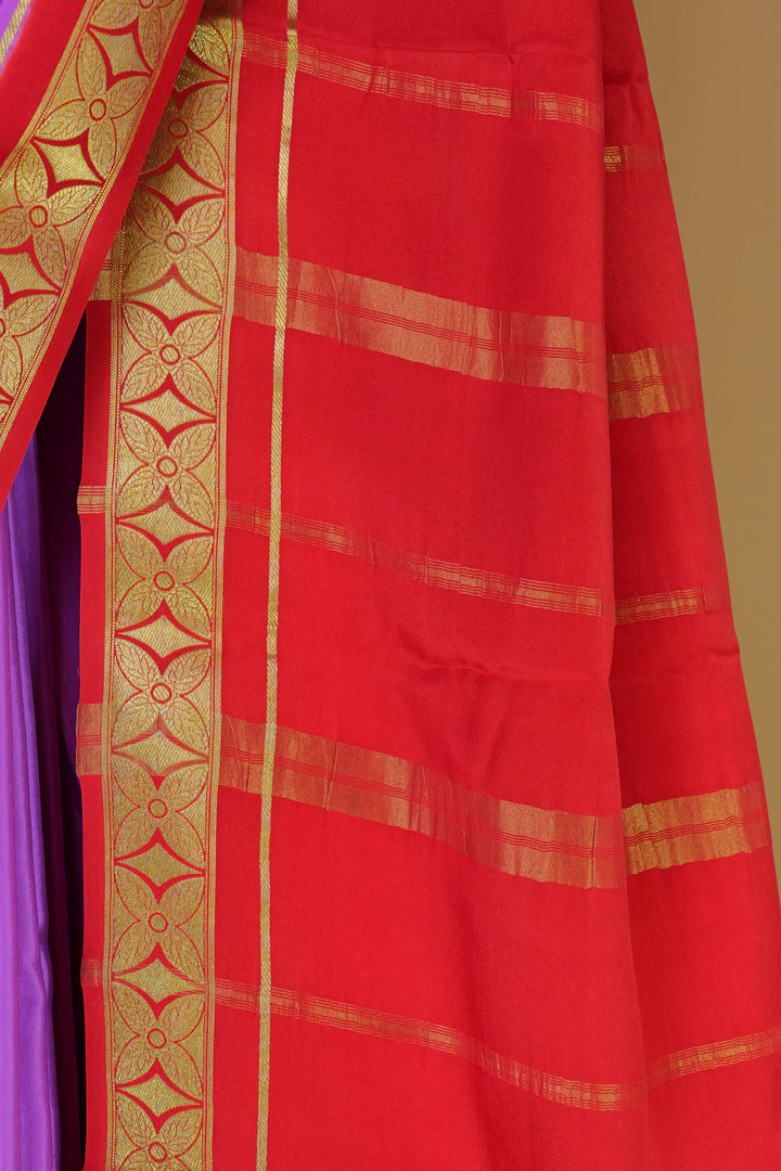 PURE MYSORE SILK SAREE IN LAVENDER & RED COLOR WITH GOLD LACE ZARI & RED BLOUSE