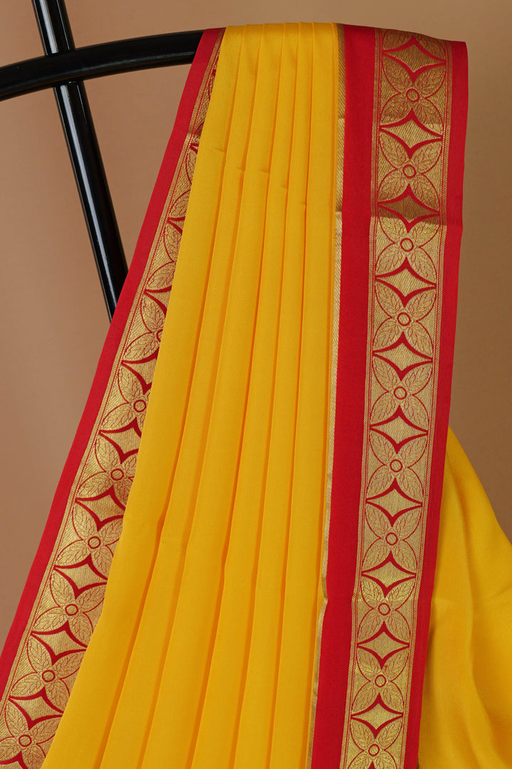 PURE MYSORE SILK SAREE IN YELLOW & RED WITH GOLD LACE ZARI & RED BLOUSE