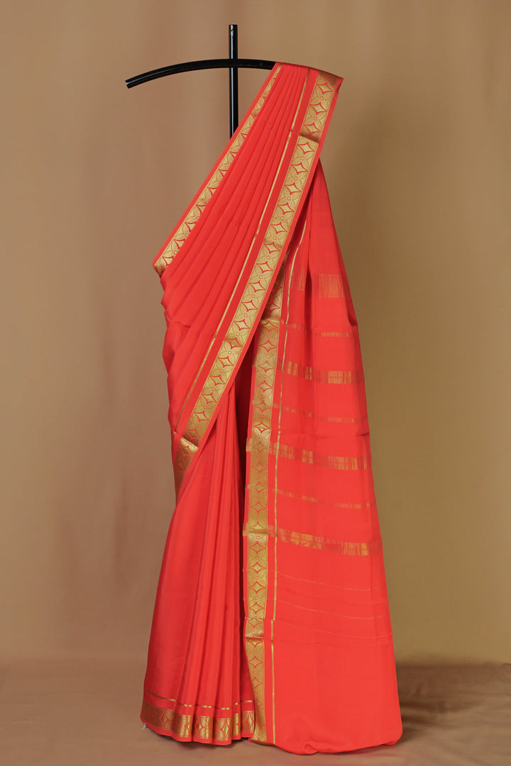 PURE MYSORE SILK SAREE IN ORANGE COLOR WITH GOLD LACE ZARI & ORANGE BLOUSE