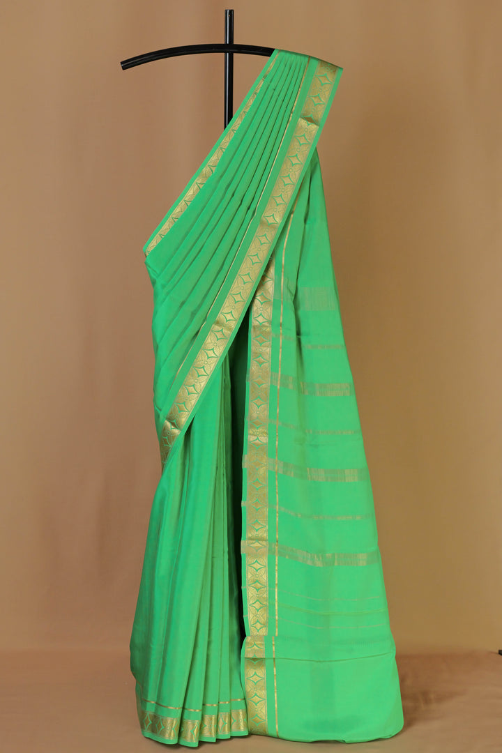 PURE MYSORE SILK SAREE IN LEAF GREEN WITH GOLD LACE ZARI & LEAF GREEN BLOUSE