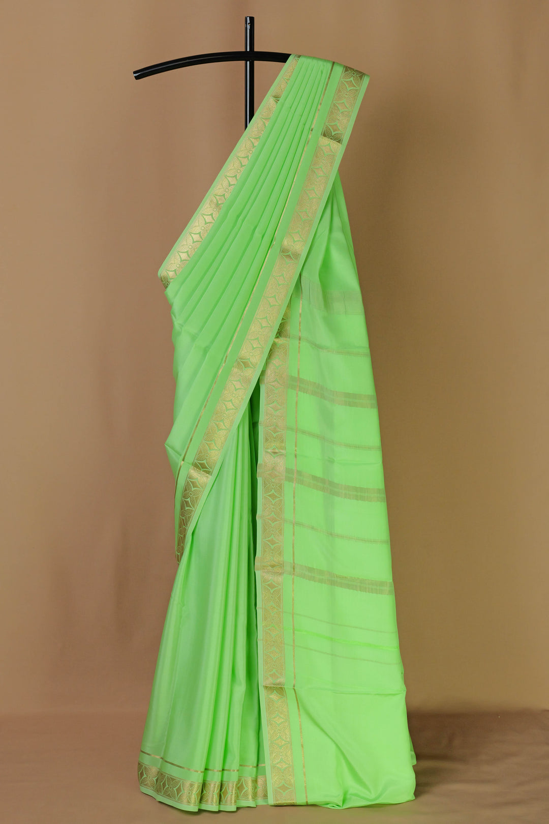 PURE MYSORE SILK SAREE IN PISTA GREEN COLOR WITH GOLD LACE ZARI & GREEN BLOUSE