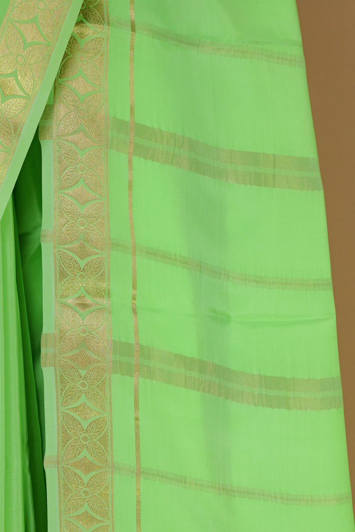 PURE MYSORE SILK SAREE IN PISTA GREEN COLOR WITH GOLD LACE ZARI & GREEN BLOUSE