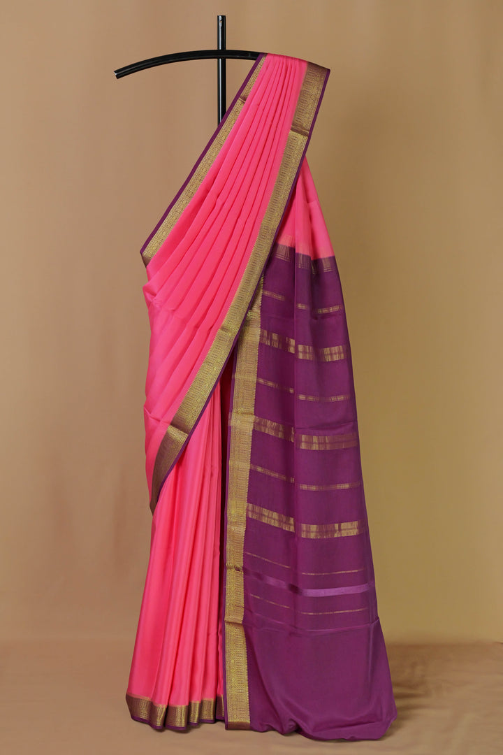 PURE MYSORE SILK SAREE IN WATERMELON & PURPLE WITH GOLD LACE ZARI & PURPLE BLOUSE