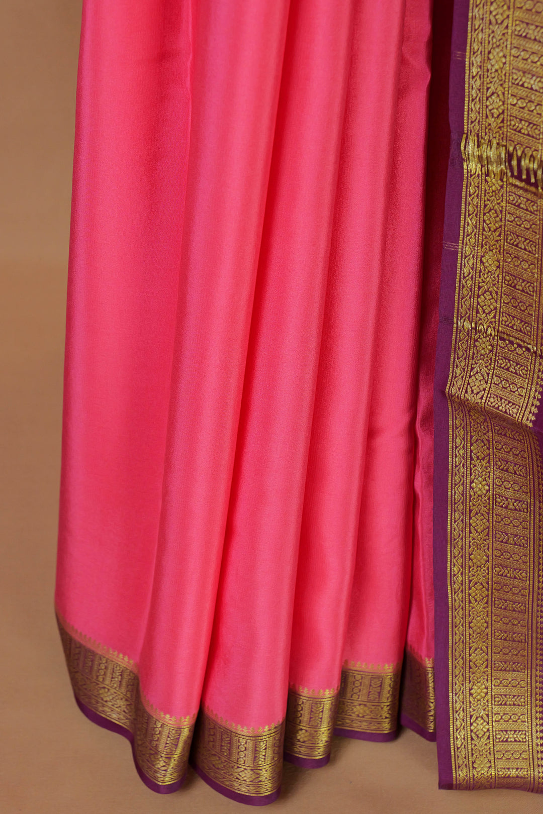 PURE MYSORE SILK SAREE IN WATERMELON & PURPLE WITH GOLD LACE ZARI & PURPLE BLOUSE