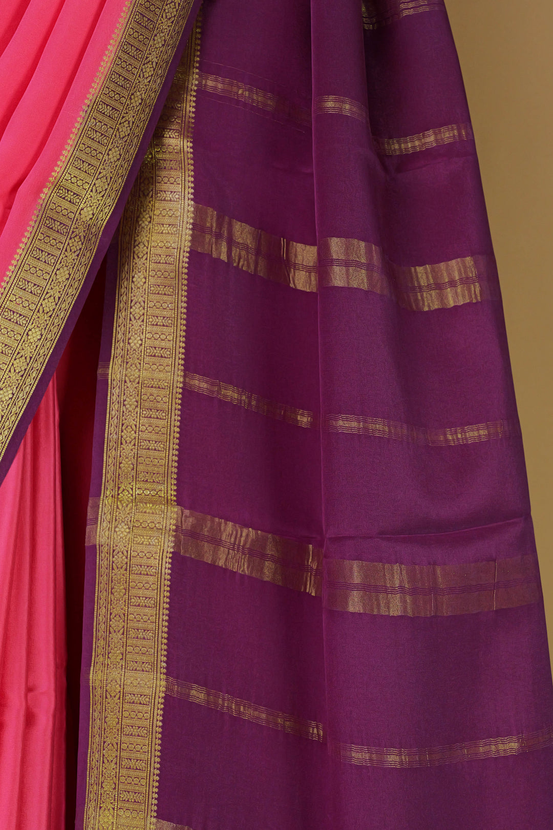 PURE MYSORE SILK SAREE IN WATERMELON & PURPLE WITH GOLD LACE ZARI & PURPLE BLOUSE