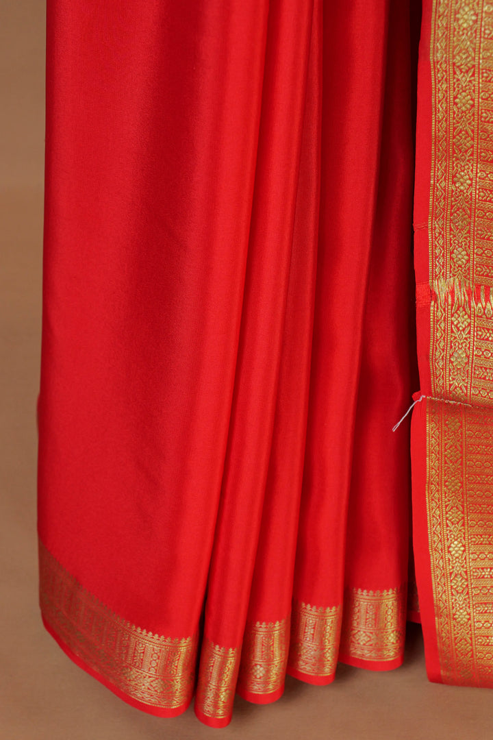 PURE MYSORE SILK SAREE IN BRICK RED COLOR WITH GOLD LACE ZARI & RED BLOUSE