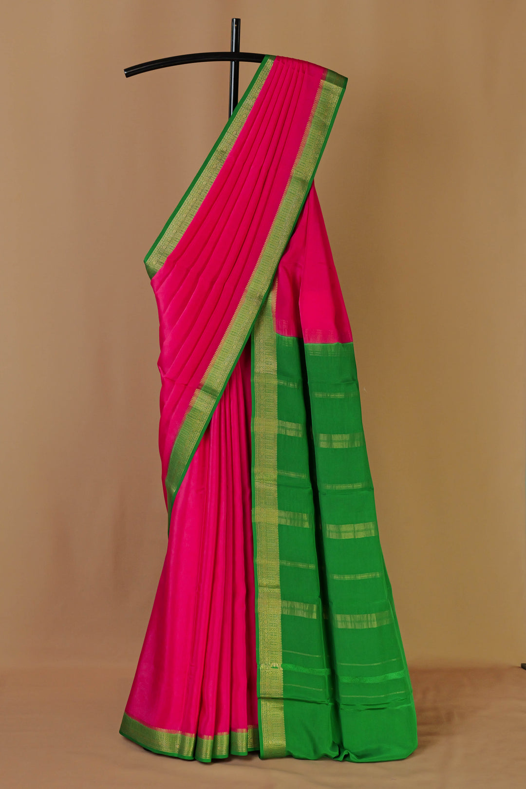 PURE MYSORE SILK SAREE IN PINK & GREEN WITH GOLD LACE ZARI & GREEN BLOUSE