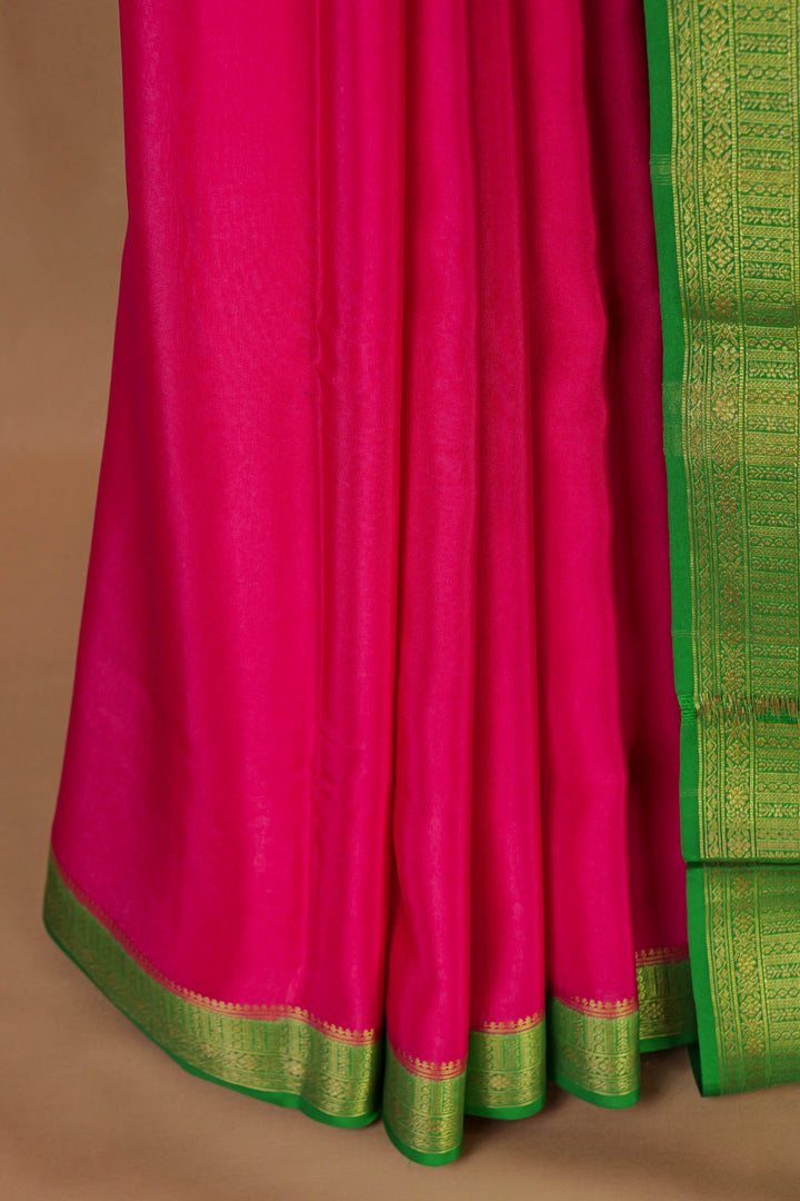 PURE MYSORE SILK SAREE IN PINK & GREEN WITH GOLD LACE ZARI & GREEN BLOUSE