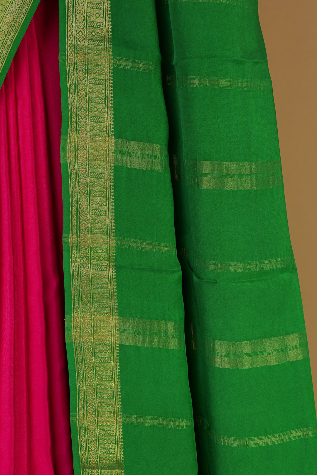 PURE MYSORE SILK SAREE IN PINK & GREEN WITH GOLD LACE ZARI & GREEN BLOUSE