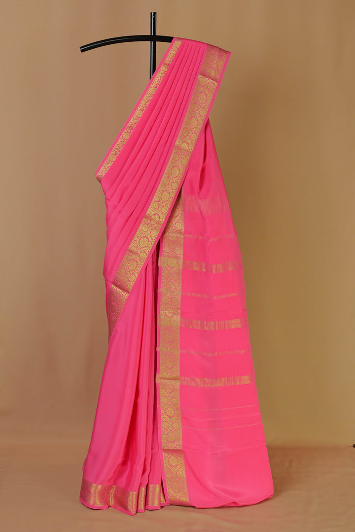 PURE MYSORE SILK SAREE IN PINK COLOR WITH GOLD LACE ZARI & PINK BLOUSE