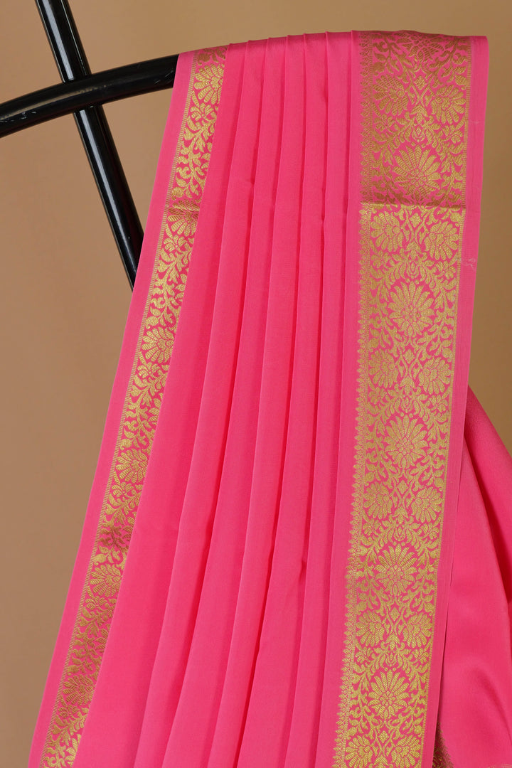 PURE MYSORE SILK SAREE IN PINK COLOR WITH GOLD LACE ZARI & PINK BLOUSE