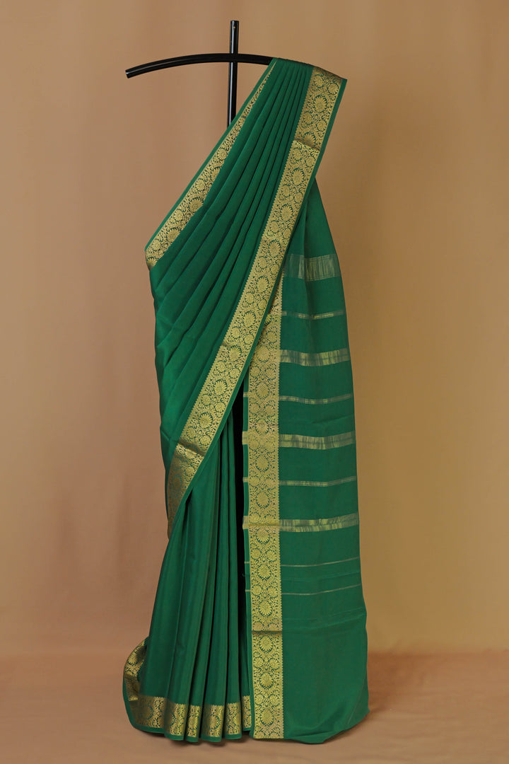 PURE MYSORE SILK SAREE IN GREEN COLOR WITH GOLD LACE ZARI & DARK GREEN BLOUSE