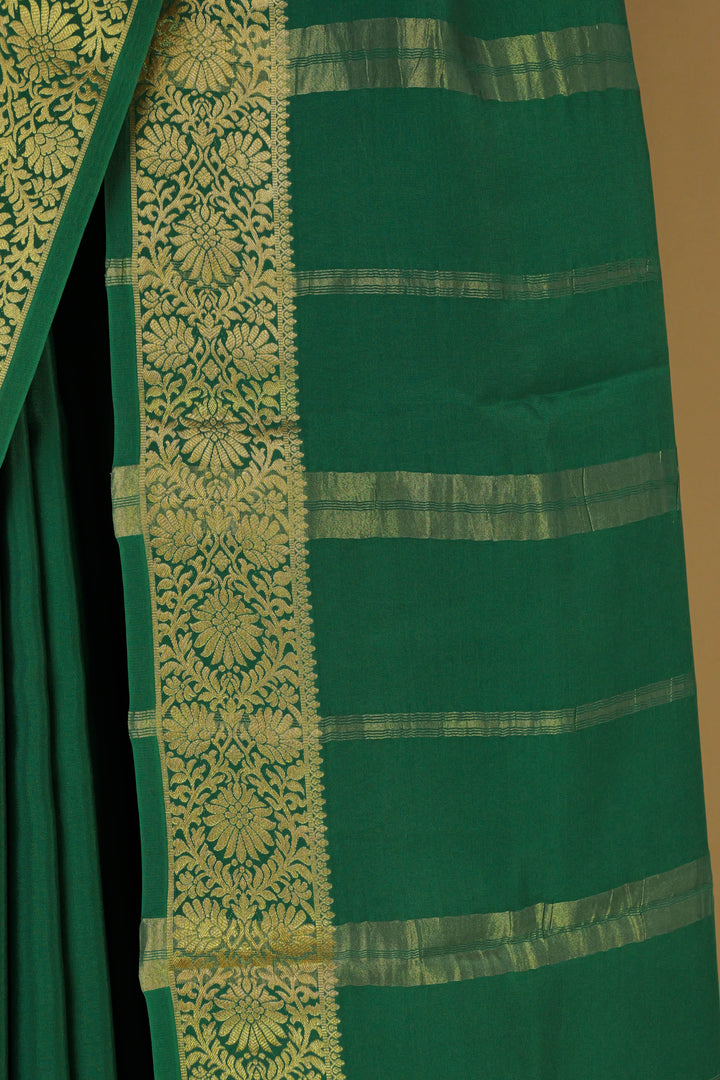 PURE MYSORE SILK SAREE IN GREEN COLOR WITH GOLD LACE ZARI & DARK GREEN BLOUSE