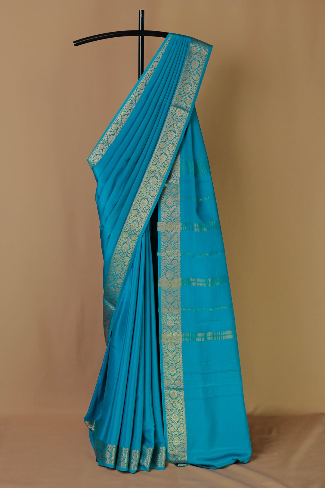 PURE MYSORE SILK SAREE IN TROPICAL SEA BLUE WITH GOLD LACE ZARI & BLUE BLOUSE