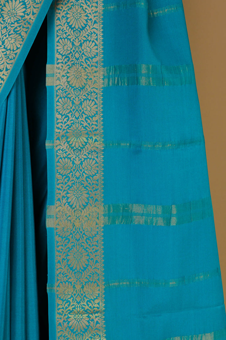 PURE MYSORE SILK SAREE IN TROPICAL SEA BLUE WITH GOLD LACE ZARI & BLUE BLOUSE