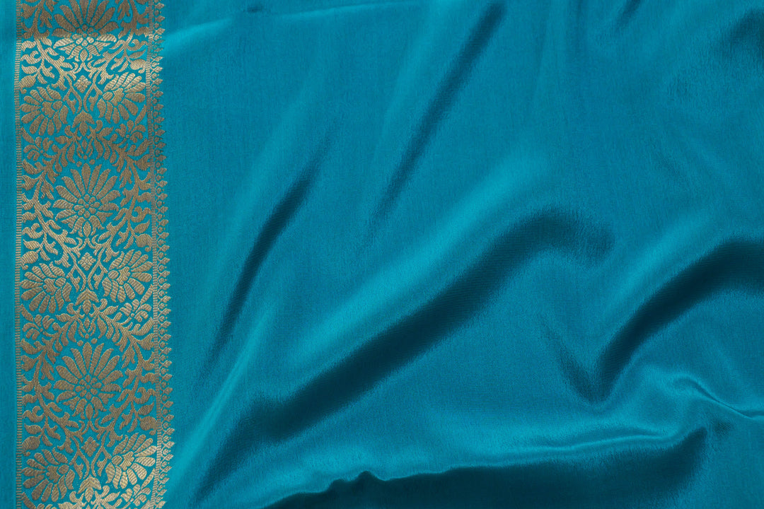 PURE MYSORE SILK SAREE IN TROPICAL SEA BLUE WITH GOLD LACE ZARI & BLUE BLOUSE