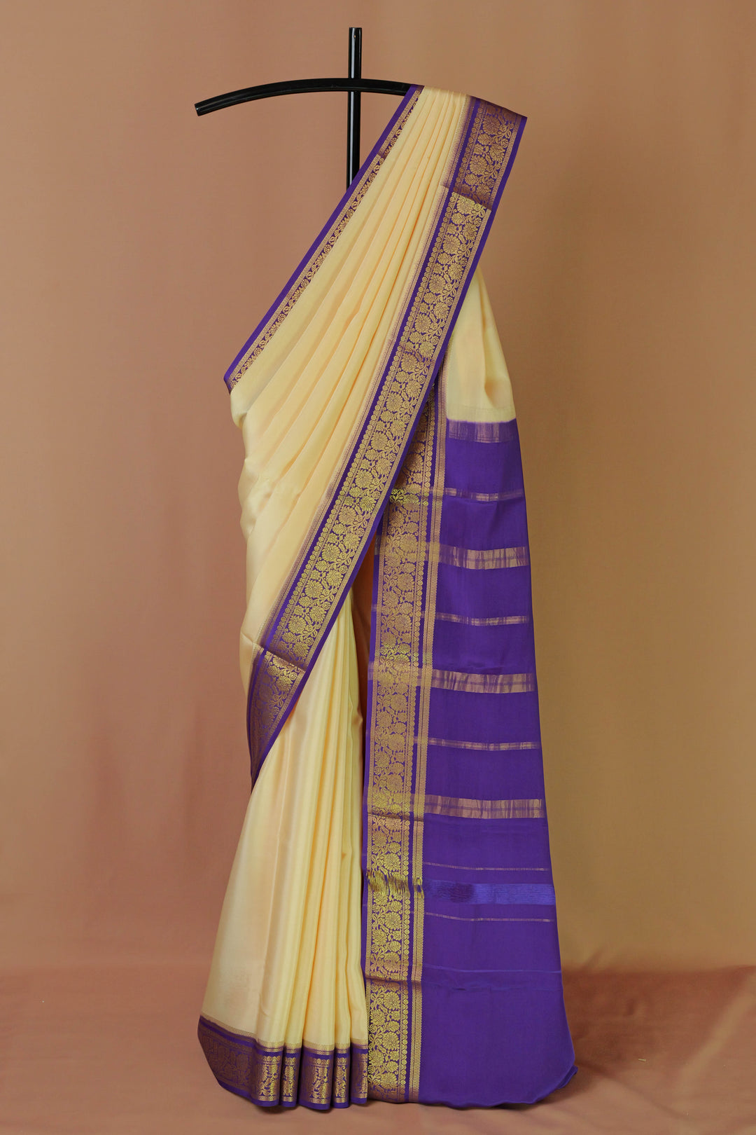 PURE MYSORE SILK SAREE IN CREAM & PURPLE WITH GOLD LACE ZARI & PURPLE BLOUSE