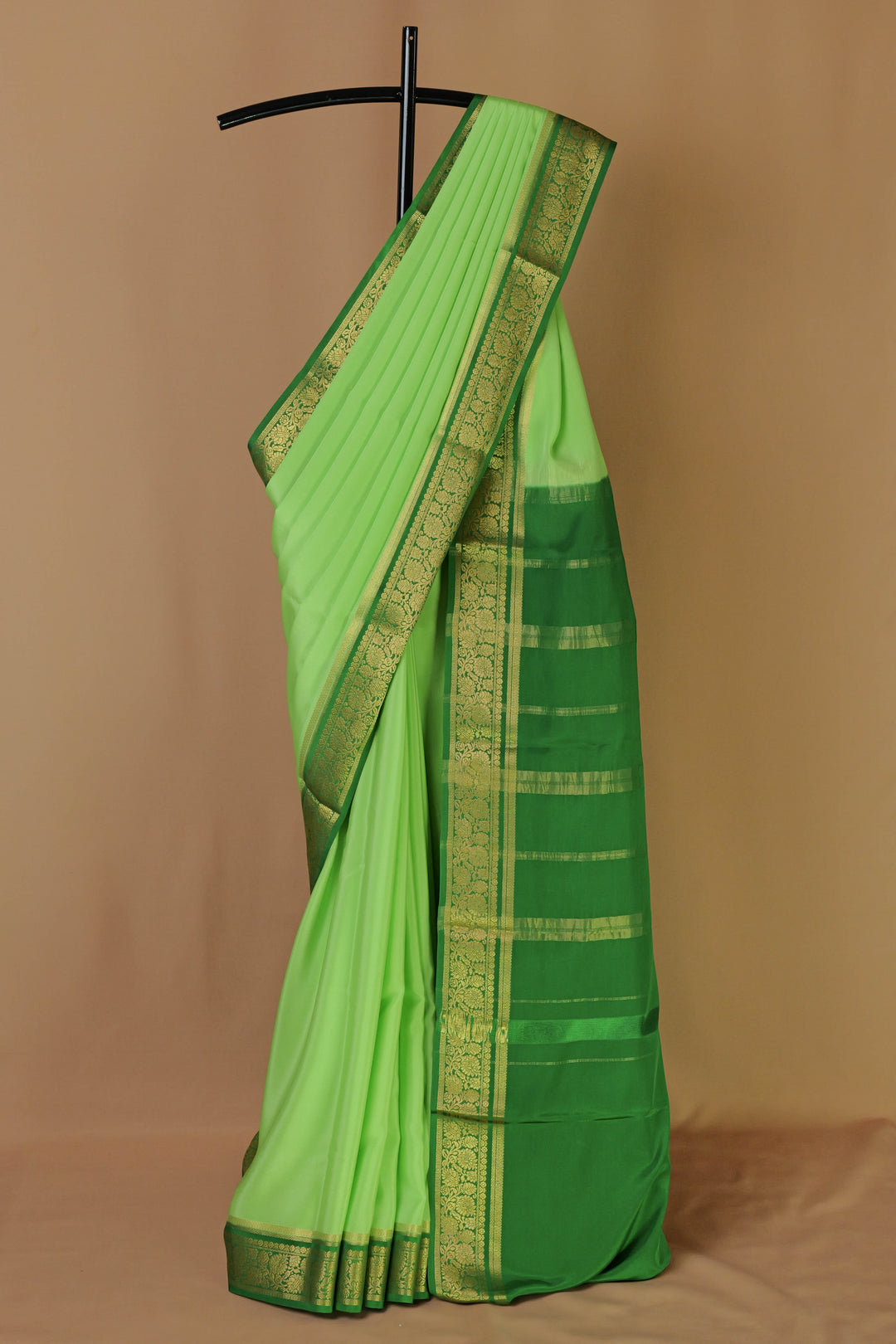 PURE MYSORE SILK SAREE IN LIME GREEN & RAMA GREEN WITH GOLD LACE ZARI & RAMA GREEN BLOUSE