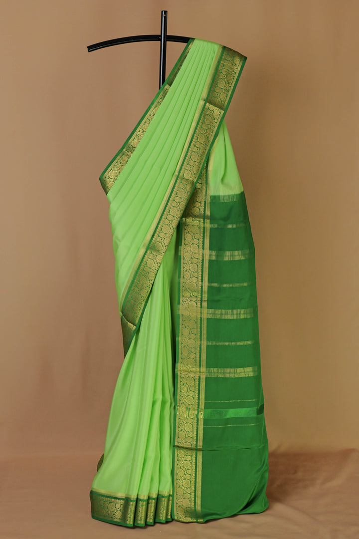 PURE MYSORE SILK SAREE IN LIME GREEN & RAMA GREEN WITH GOLD LACE ZARI & RAMA GREEN BLOUSE