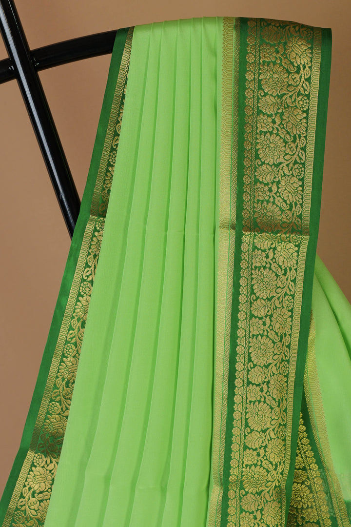 PURE MYSORE SILK SAREE IN LIME GREEN & RAMA GREEN WITH GOLD LACE ZARI & RAMA GREEN BLOUSE