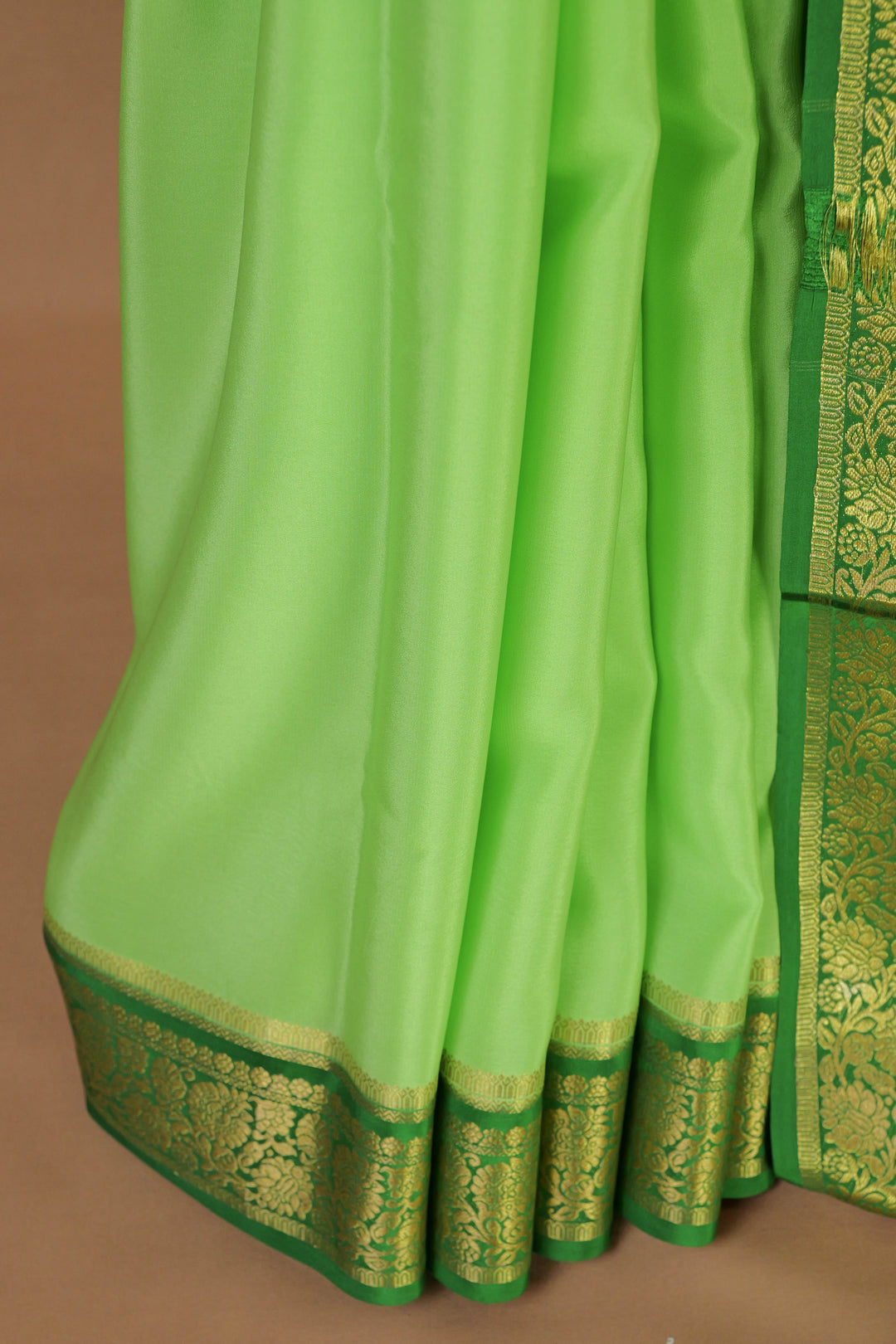 PURE MYSORE SILK SAREE IN LIME GREEN & RAMA GREEN WITH GOLD LACE ZARI & RAMA GREEN BLOUSE