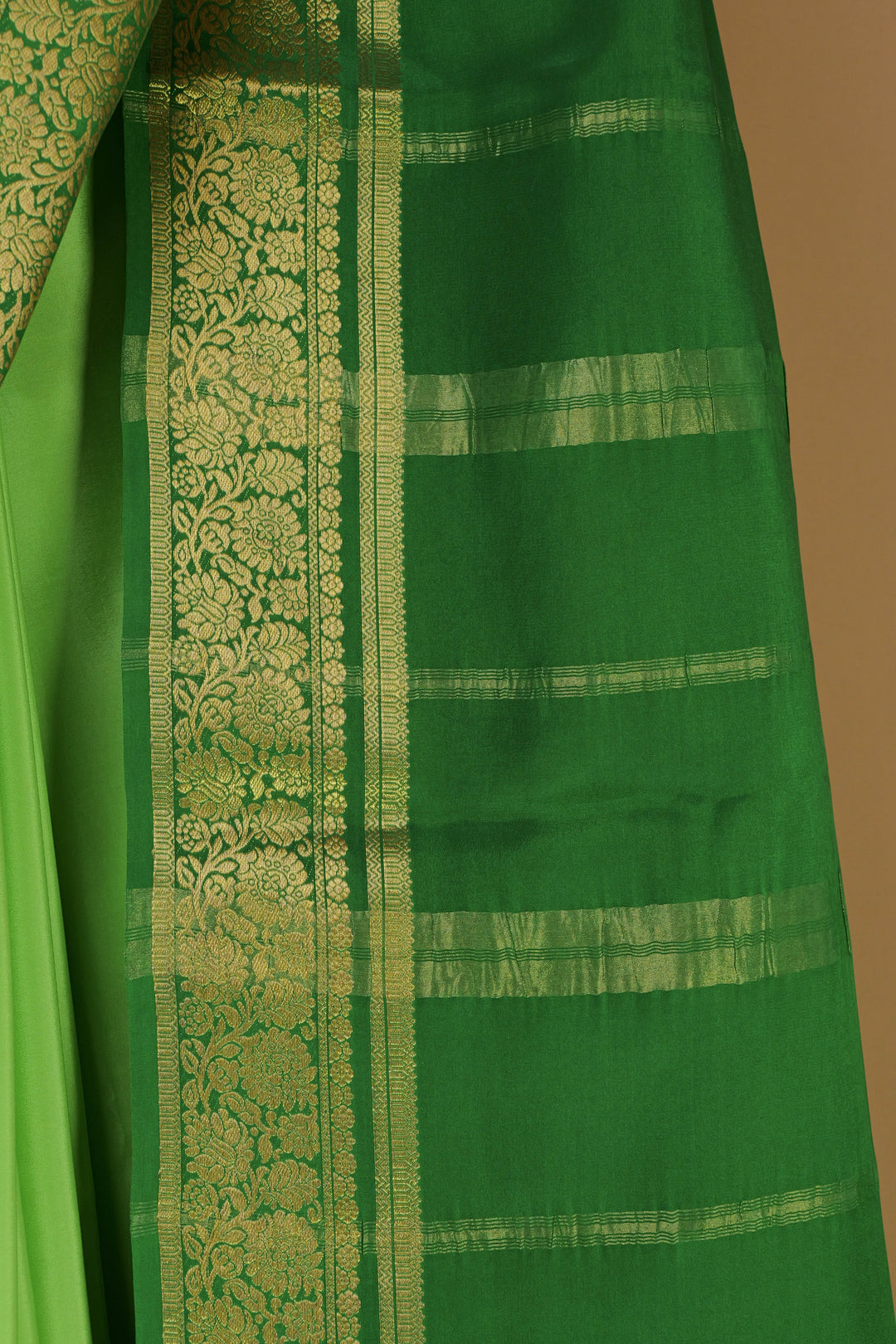 PURE MYSORE SILK SAREE IN LIME GREEN & RAMA GREEN WITH GOLD LACE ZARI & RAMA GREEN BLOUSE