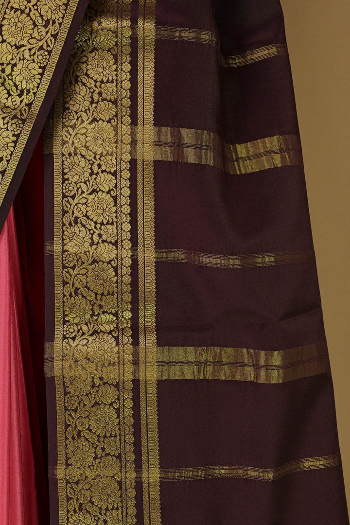 PURE MYSORE SILK SAREE IN SUNSET ORANGE & BROWN WITH GOLD LACE ZARI & BROWN BLOUSE