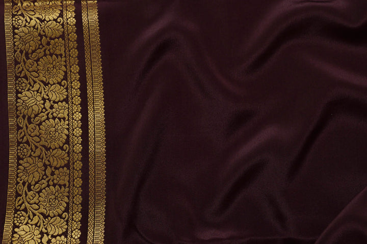 PURE MYSORE SILK SAREE IN SUNSET ORANGE & BROWN WITH GOLD LACE ZARI & BROWN BLOUSE