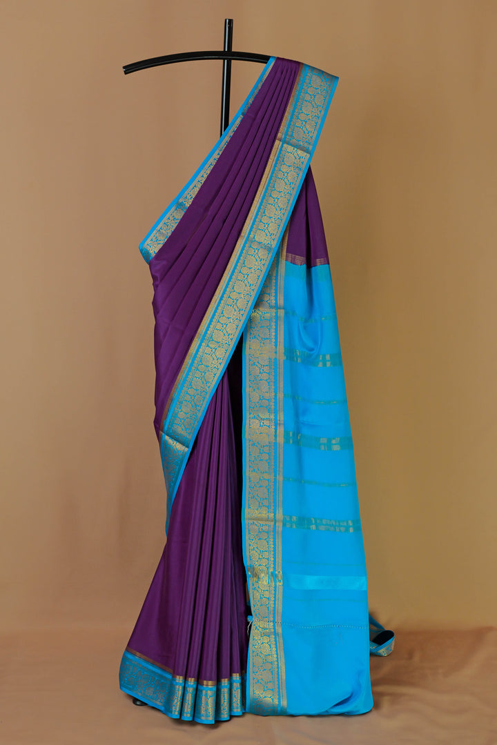 PURE MYSORE SILK SAREE IN WINE & SEA BLUE WITH GOLD LACE ZARI & BLUE BLOUSE