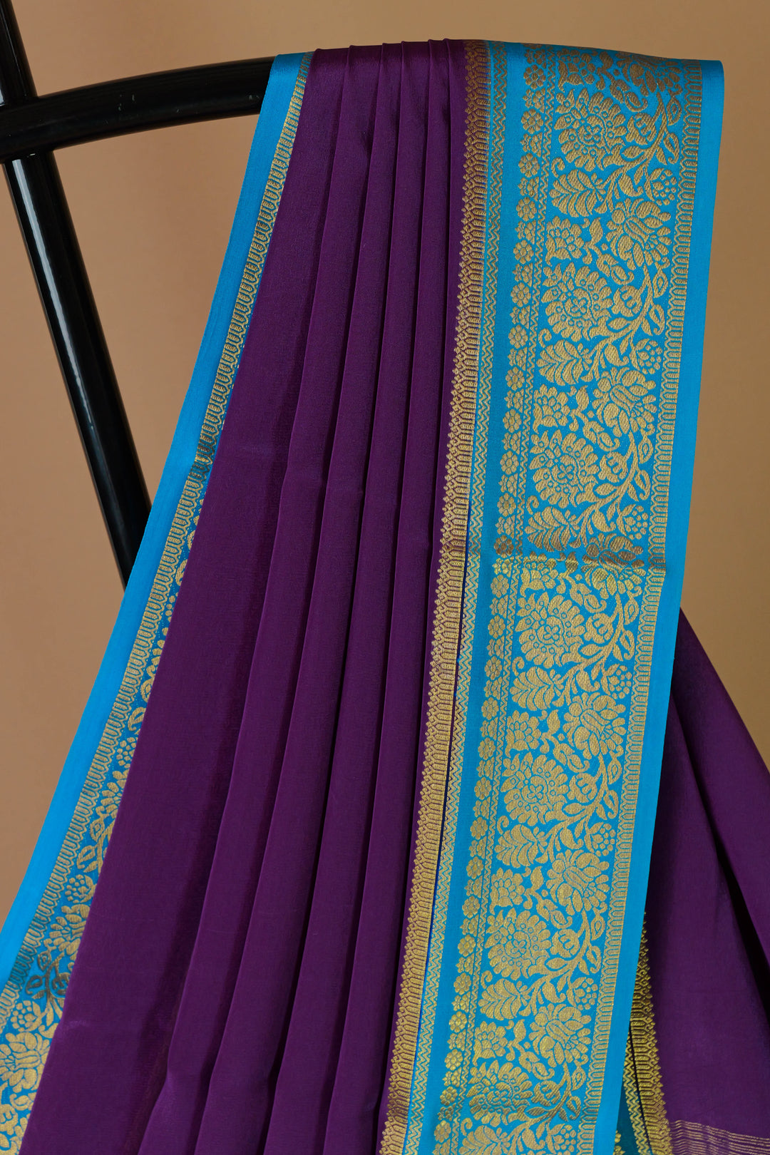 PURE MYSORE SILK SAREE IN WINE & SEA BLUE WITH GOLD LACE ZARI & BLUE BLOUSE