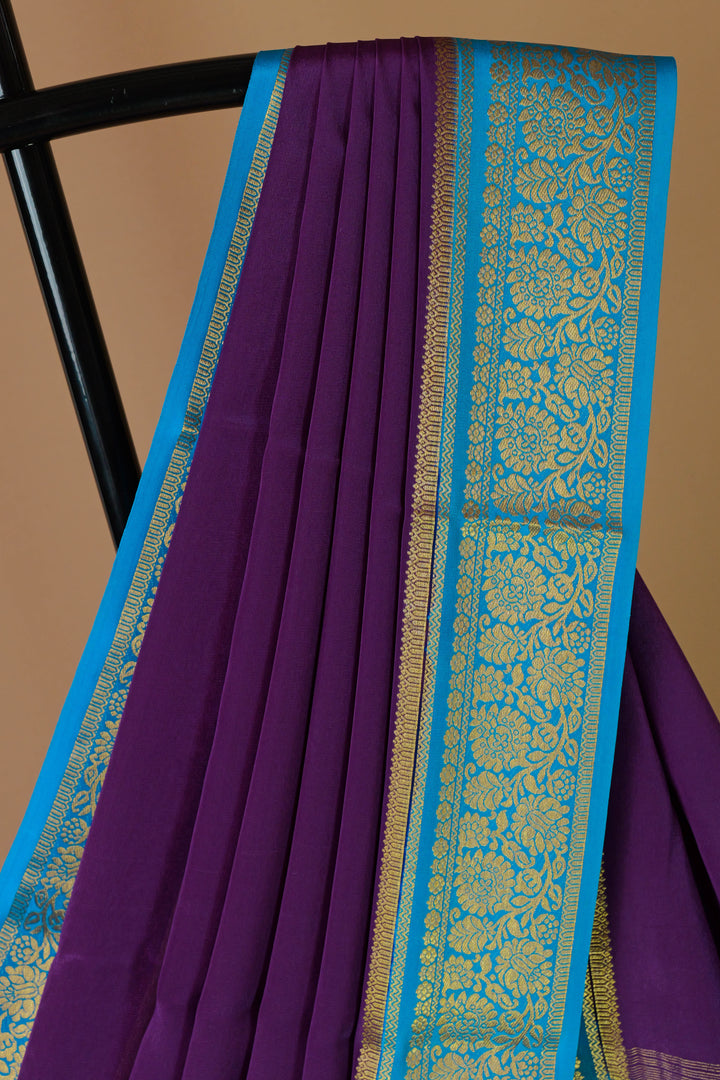 PURE MYSORE SILK SAREE IN WINE & SEA BLUE WITH GOLD LACE ZARI & BLUE BLOUSE