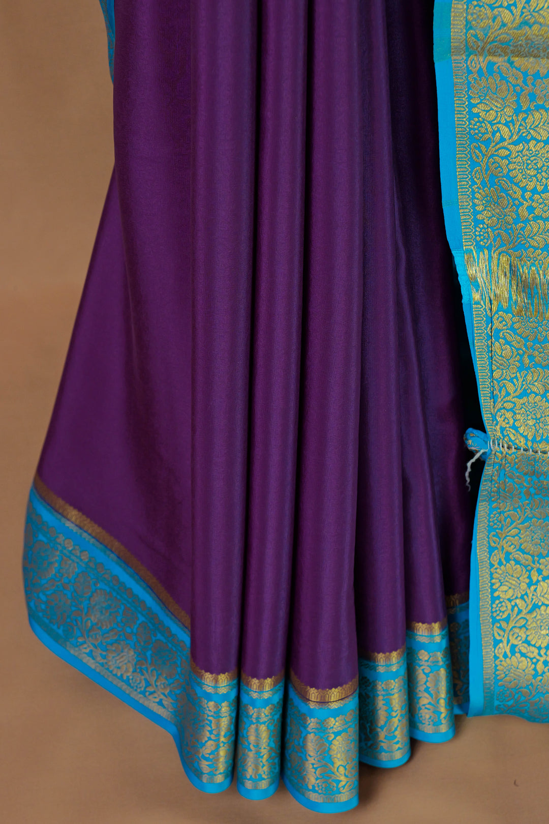 PURE MYSORE SILK SAREE IN WINE & SEA BLUE WITH GOLD LACE ZARI & BLUE BLOUSE