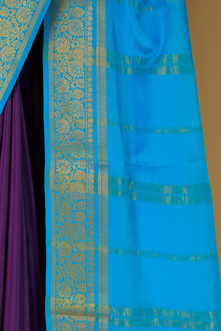 PURE MYSORE SILK SAREE IN WINE & SEA BLUE WITH GOLD LACE ZARI & BLUE BLOUSE