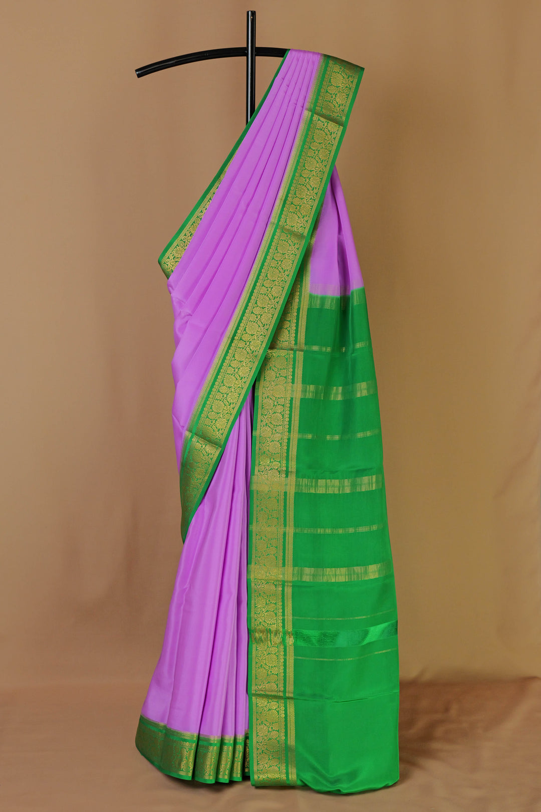 PURE MYSORE SILK SAREE IN LAVENDER & GREEN WITH GOLD LACE ZARI & GREEN BLOUSE