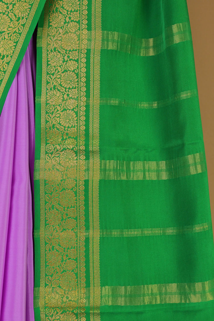 PURE MYSORE SILK SAREE IN LAVENDER & GREEN WITH GOLD LACE ZARI & GREEN BLOUSE