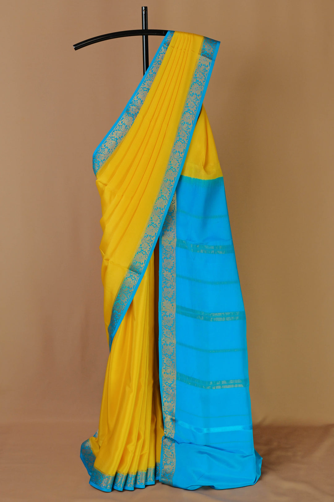 PURE MYSORE SILK SAREE IN YELLOW & BLUE WITH GOLD LACE ZARI & BLUE BLOUSE