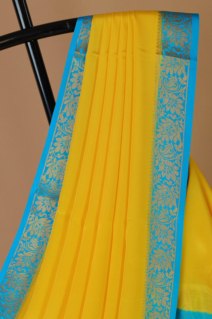 PURE MYSORE SILK SAREE IN YELLOW & BLUE WITH GOLD LACE ZARI & BLUE BLOUSE