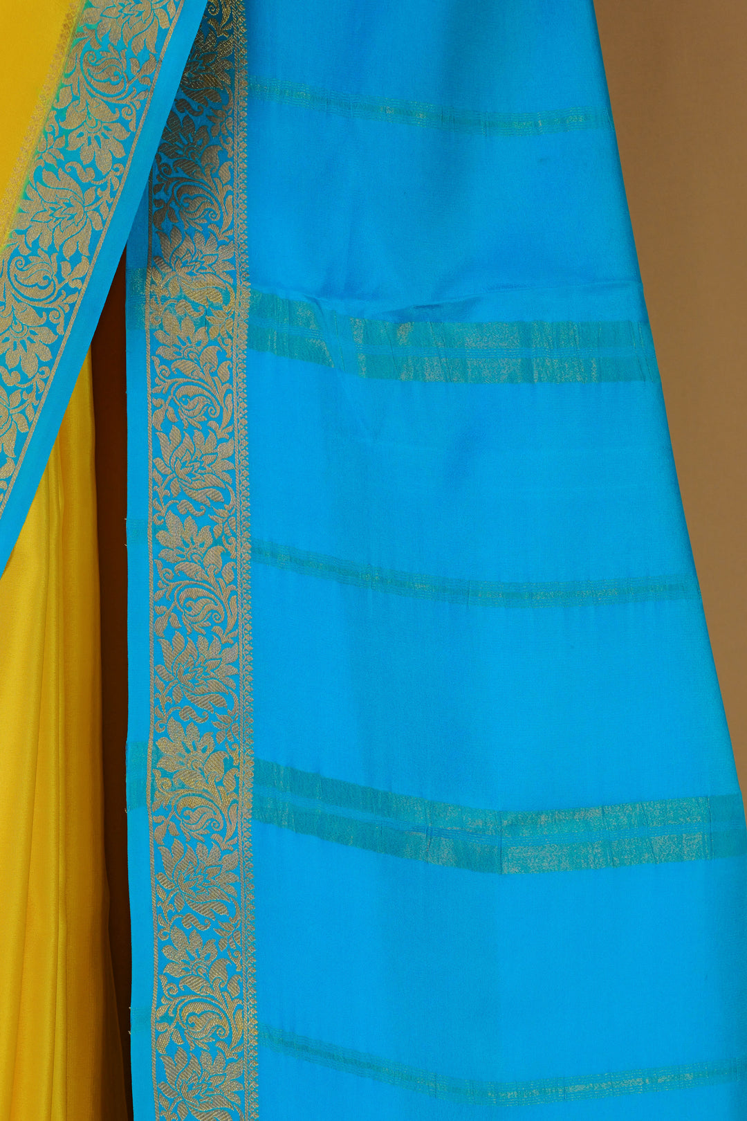 PURE MYSORE SILK SAREE IN YELLOW & BLUE WITH GOLD LACE ZARI & BLUE BLOUSE