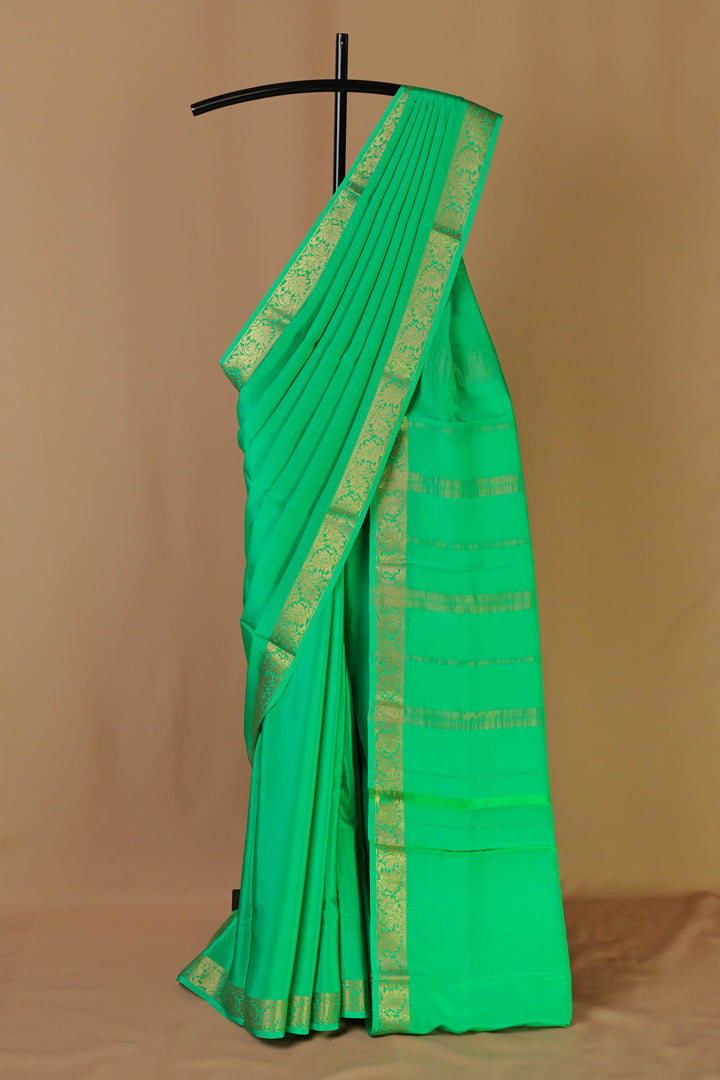 PURE MYSORE SILK SAREE IN PARROT GREEN WITH GOLD LACE ZARI & GREEN BLOUSE