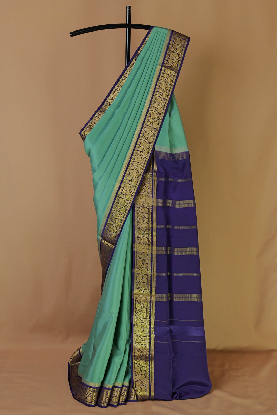 PURE MYSORE SILK SAREE IN TURQUOISE & NAVY BLUE WITH GOLD LACE ZARI & BLUE BLOUSE